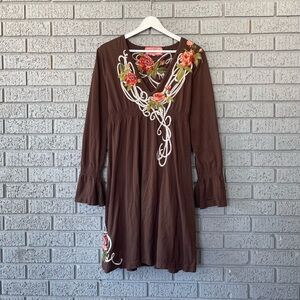 Johnny Was Rose Floral Embroidered Brown Midi Dress Size XL
